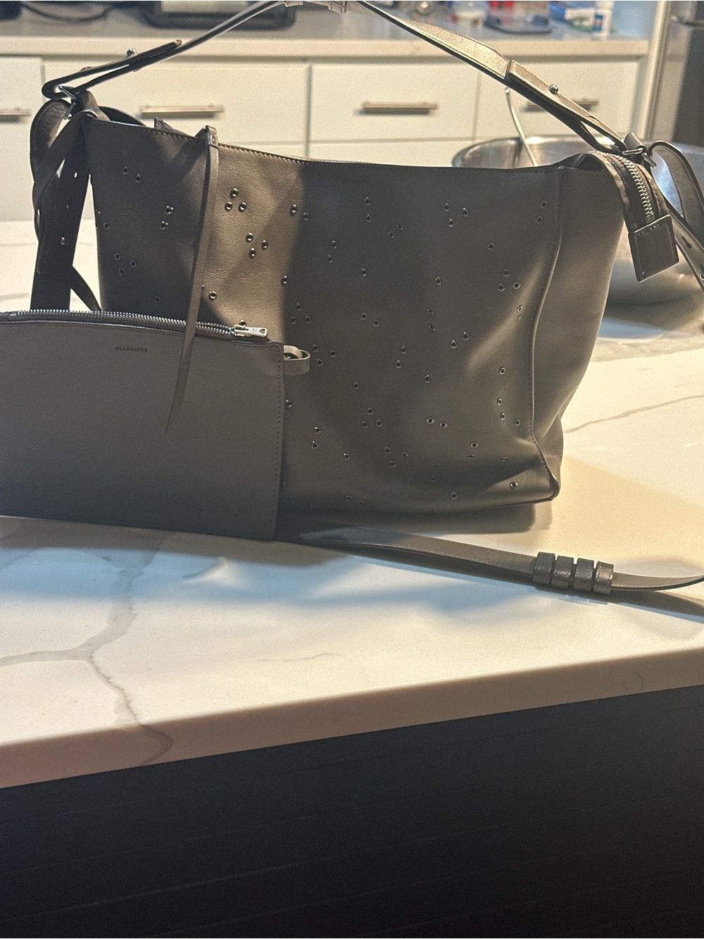 AllSaints Studded Leather Shoulder Bag in Charcoal with Matching Pouch